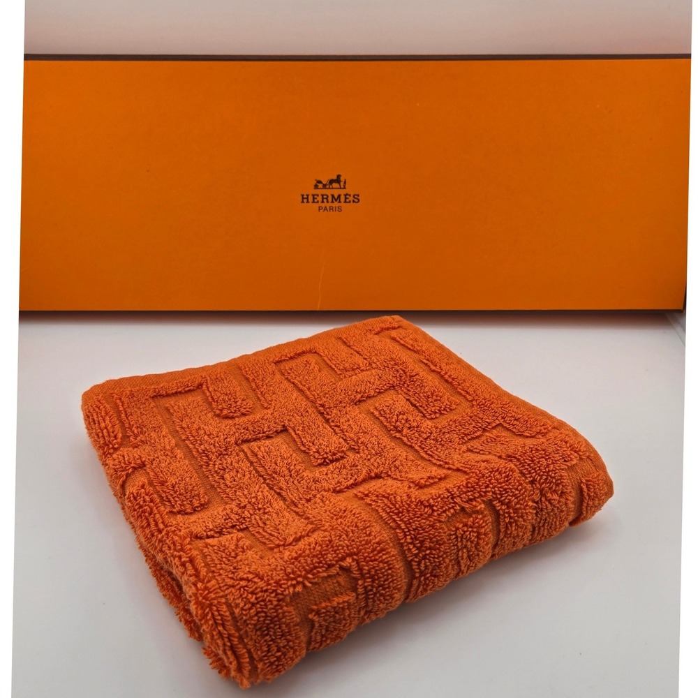 Hermes Paris Orange Cotton Jacquard H Logo Hand Towel Made in France 12.5"